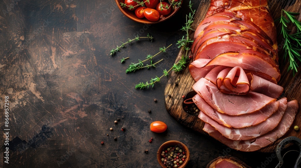 Poster fresh sliced ham as rustic appetizer on table top view with copy space