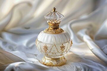 Vintage perfume bottle standing on white silk with golden ornaments and decorations shining in the sun