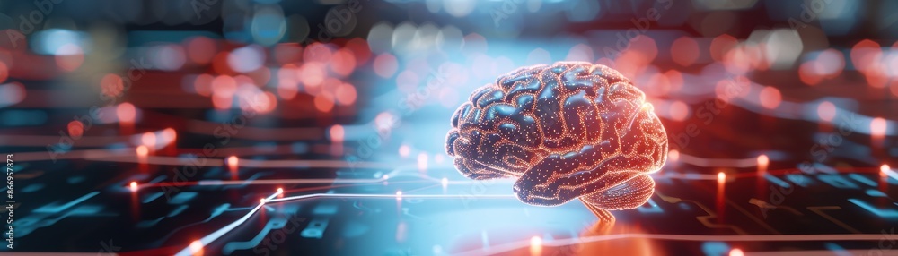 Poster futuristic digital representation of a brain on a circuit board, highlighting artificial intelligenc