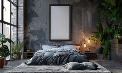 Industrial bedroom with an empty frame on the dresser