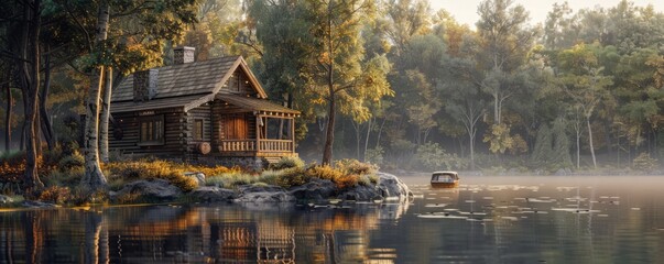 A tranquil lakeside cabin. Realistic.