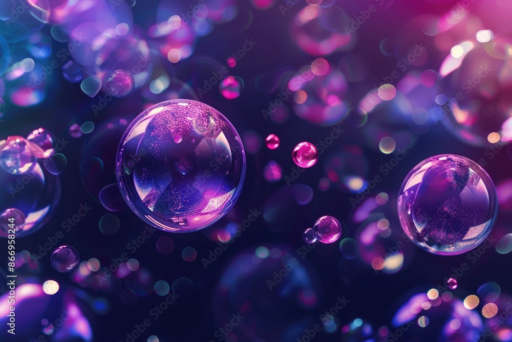 Poster vibrant bubbles in an artistic setting glow under abstract lighting, creating a dreamy enchanting ef