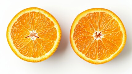Fototapeta premium Close-up of two orange halves on a white background, studio shot. Fresh and healthy food concept