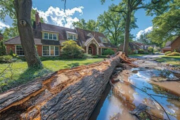 A fallen tree trunk lies across a flooded suburban street, causing damage to the adjacent house during heavy rains, with reflections of the sky on the water.