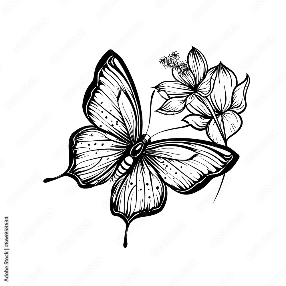 Poster a butterfly is drawn on a white background with a flower in the background. the butterfly is black a