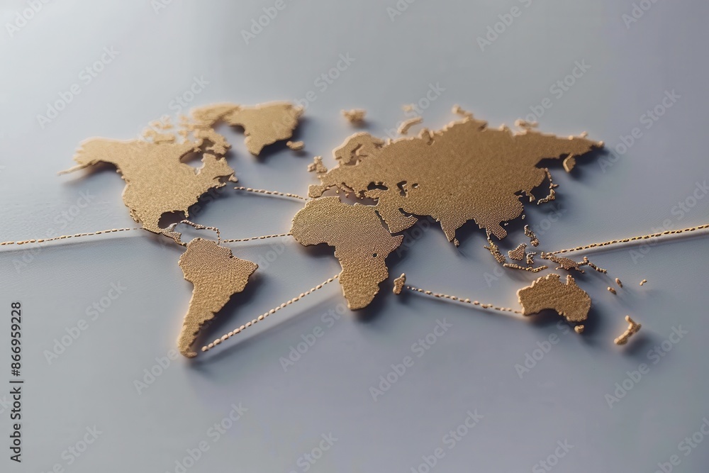 Poster A simple and symbolic image of a gold world map with highlighted routes. Perfect for travel agencies and global booking services. Generative AI