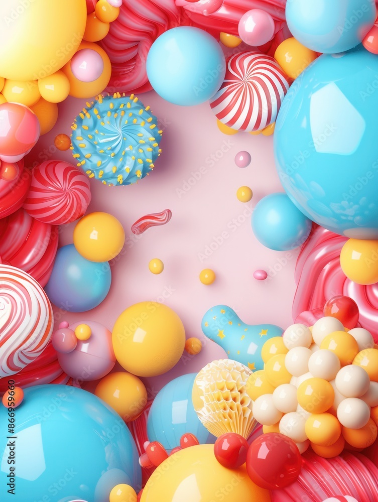 Poster a vibrant display of colorful balloons in various shapes and sizes, perfect for decorating festive e