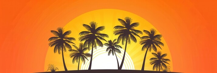 A vibrant silhouette of palm trees set against a glowing sunset. The minimalist design and bright colors make this image perfect for travel and hospitality branding. Generative AI