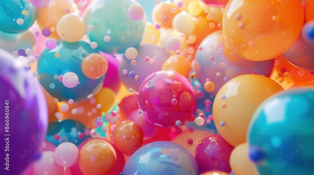 Poster A close-up image of colorful balloons floating in the air, creating a cheerful and celebratory atmosphere. Generative AI