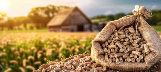 Close up of wood pellets bag with house in background, ideal for eco friendly heating solutions