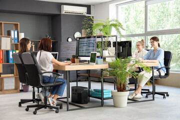 Team of female programmers working at tables in office