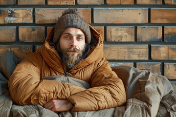 Fototapeta premium A bearded man dressed in a warm orange jacket and knit hat, sitting comfortably against a rustic brick wall, exuding a sense of resilience and calm in a cozy setting.