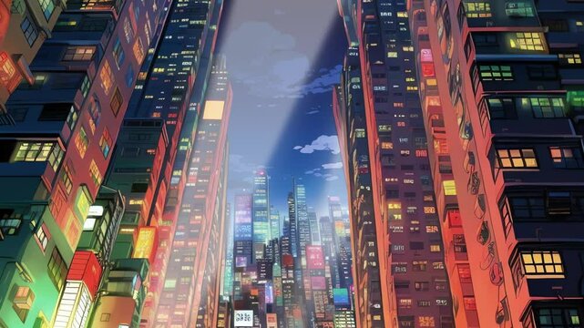 anime scene of Neo Tokyo, Japan a futuristic cityscape dominated by towering skyscrapers adorned with vibrant neon lights. 