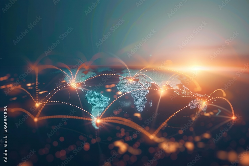 Poster a simple and symbolic minimalist background featuring a world map with highlighted routes, perfect f