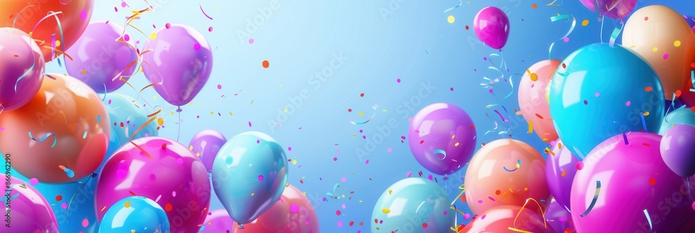 Poster a cheerful and celebratory scene featuring colorful balloons in various shapes, perfect for parties 