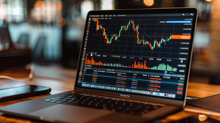 stock market chart displayed on a laptop screen