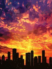 Obraz premium A stunning sunset casts a warm glow over a modern cityscape, showcasing the silhouettes of skyscrapers against a sky filled with vibrant hues of orange, yellow, and purple. Generative AI