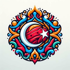 Obraz premium A colorful logo of a Turkish flag with a red ball in the middle, surrounded by abstract shapes.