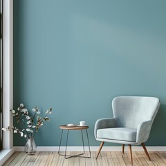 design scene with a chair front of the blue empty wall