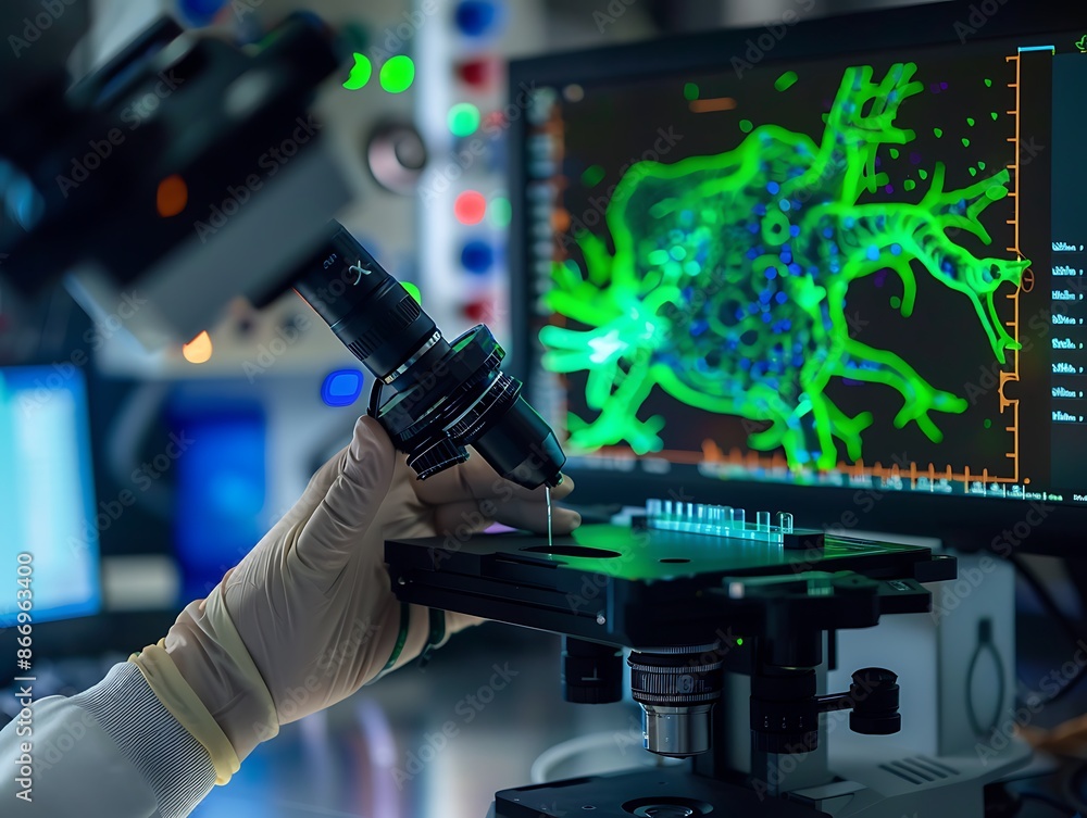 Poster Close-up of a Microscope and Slide in a Modern Lab