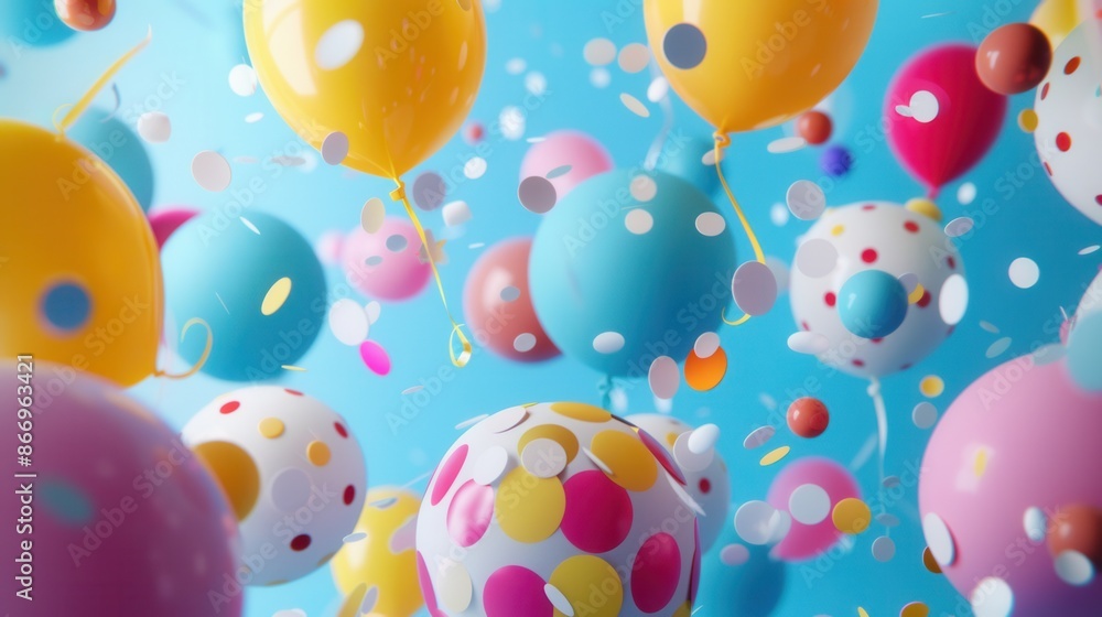 Poster Colorful balloons of various shapes and sizes float in a festive setting, perfect for parties and celebrations. Generative AI