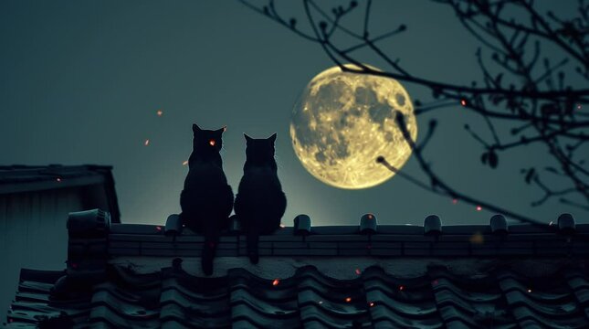 Two black cats gazing at full moon on rooftop. Mysterious nocturnal companions under moonlit sky.
 Seamless looping 4k time-lapse virtual video animation background. Generated AI