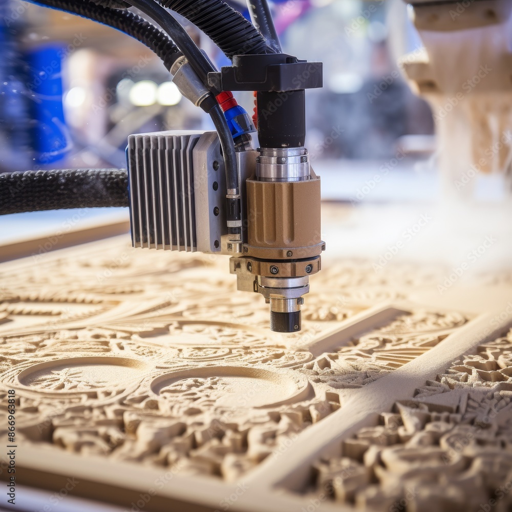 Poster cnc machine crafting unique furniture, demonstrating integration of cnc tech in everyday objects
