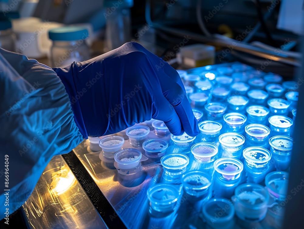 Poster gloved hand examining samples in a laboratory