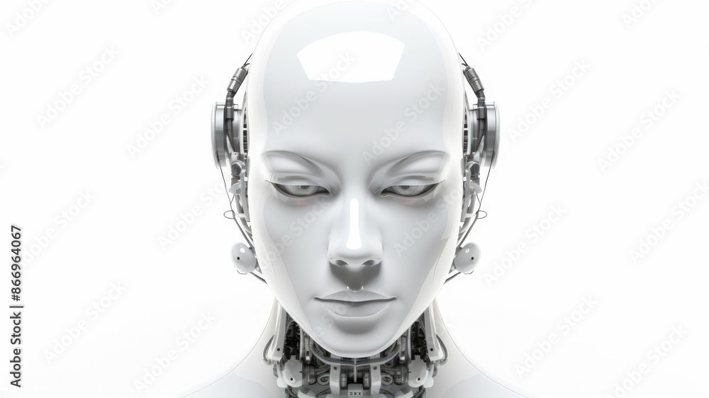 Poster smart android head close up with humanoid features. futuristic robot face concept with white sleek d