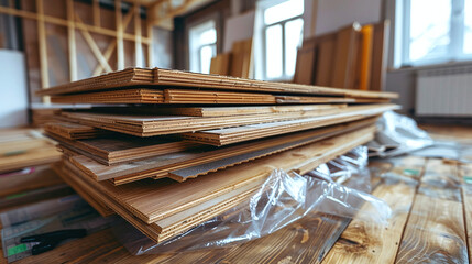 Stack of new wooden boards and a package of laminate lying on the floor ready for installation