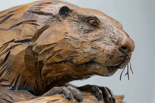Wooden beaver sculpture resting on a log, crafted with intricate detail - Powered by Adobe