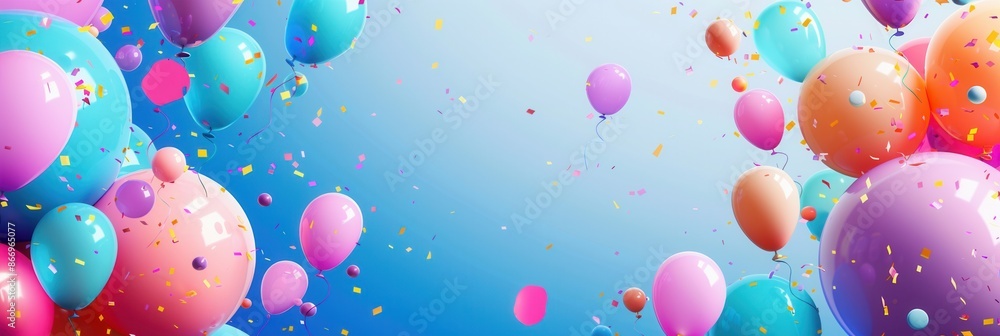 Poster Colorful balloons of different shapes and sizes float against a blue sky, creating a cheerful and celebratory atmosphere perfect for parties and festive events. Generative AI