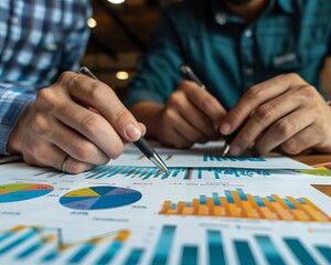 Fototapeta premium Team of business professionals collaborating over printed financial graphs and charts, highlighting key performance indicators and strategic goals