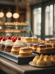 French bakery shop, the showcase gleams with an array of delectable desserts and pastries. 
