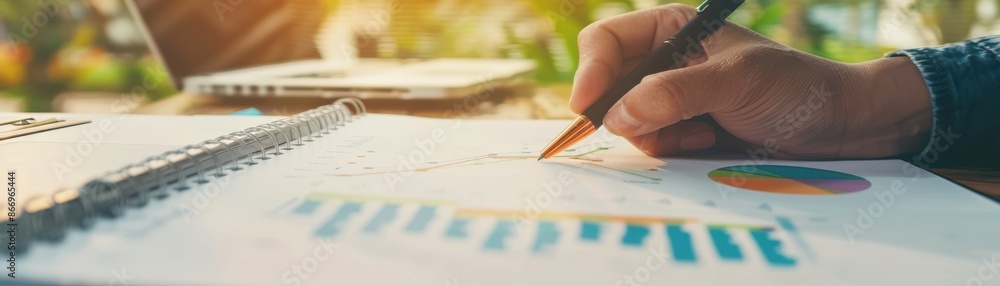 Aufkleber person analyzing financial documents and charts with sunlight shining through a window, showcasing b