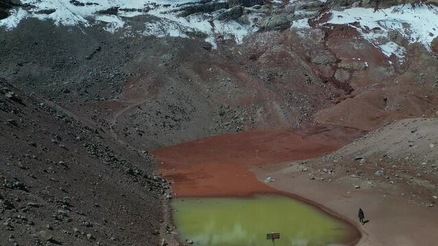 aerial drone Woman Mountaineer at Condor Cocha Lagoon, Foot of Chimborazo Volcano (6,263 m), Ecuador