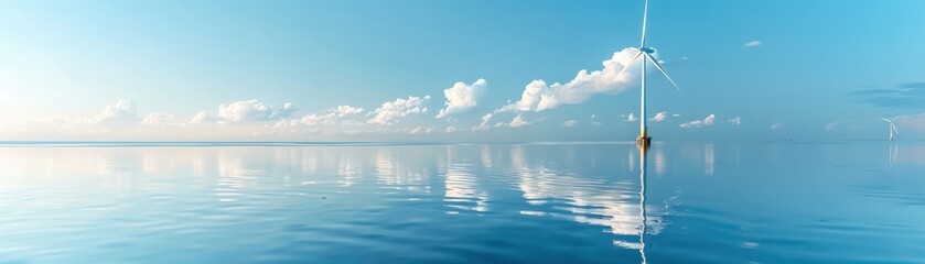 Obraz premium Serene ocean view with clear blue sky, calm waters, and soft clouds reflecting on the surface, perfect for relaxation and tranquility.