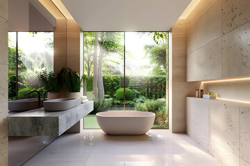 Fototapeta premium Minimal style modern luxury bathroom with nature view 3d render, It has a beige granite tile floor and walls, gray marble sink counter Large windows with views of the green garden.