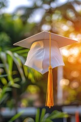 Elegant white graduation cap floating in the sunlit university campus, symbolizing achievement