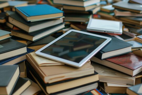 A pile of traditional textbooks and modern e-learning devices like tablets and e-readers. Generative AI