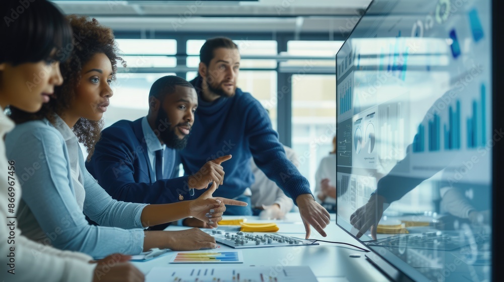 Poster an engaged team of experts interacts with a futuristic digital interface during a strategy session i