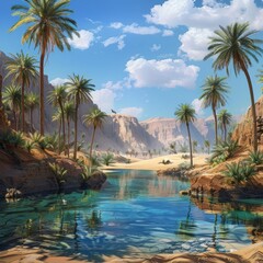 Serene desert oasis with palm trees and clouds