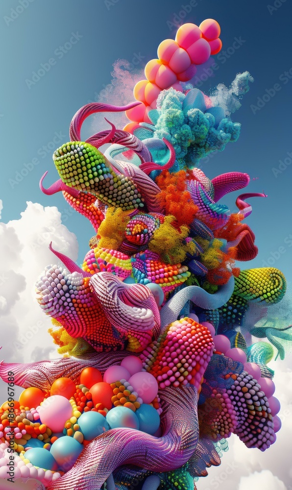 Poster Colorful 3D rendering of an abstract plant-like structure with pink, blue, and green spheres. AI.