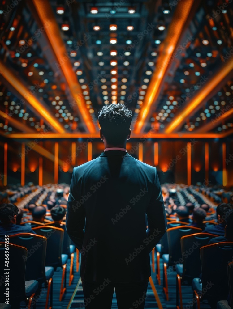 Poster a man standing alone in a large empty auditorium. ai.