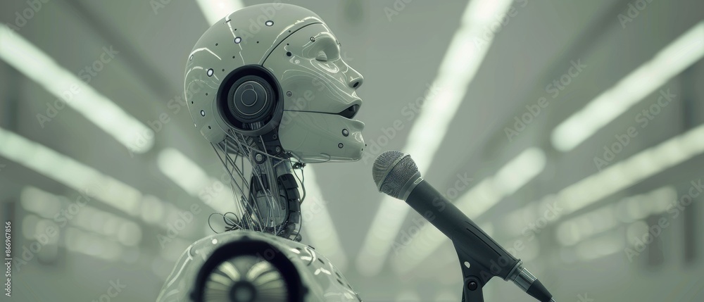 Poster a robot with a microphone is singing. ai.