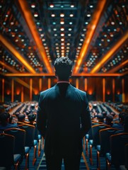 Fototapeta premium A man standing alone in a large empty auditorium. AI.