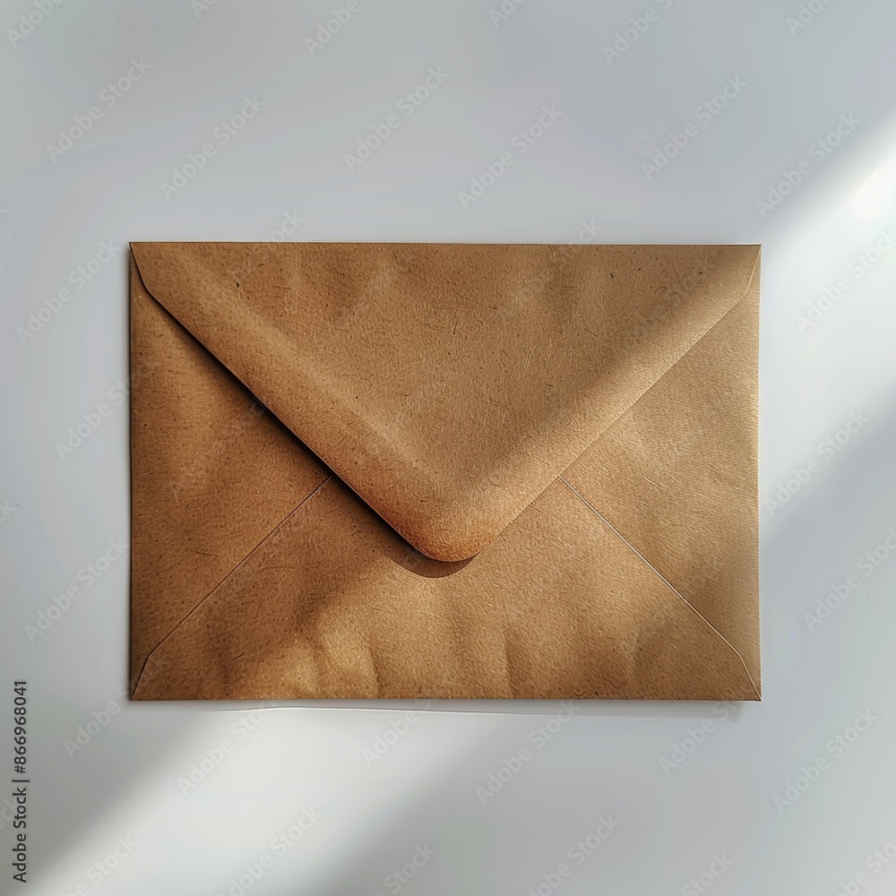 Poster minimalist brown envelope on white table with subtle shadow for elegant presentation