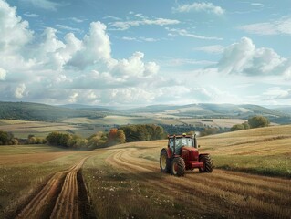 Obraz premium A red tractor drives through a golden wheat field on a bright day. AI.