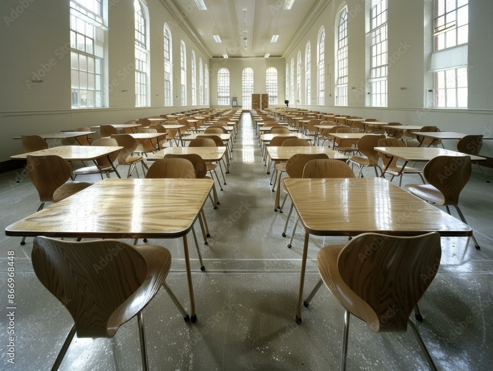 Aufkleber rows of empty wooden tables and chairs in a large room with arched windows. ai.