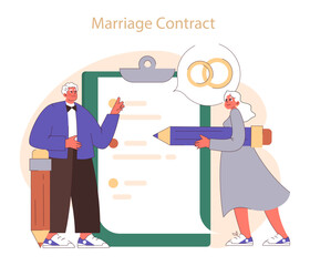 Marriage contract. Senior couple with oversized pen and clipboard, symbolic